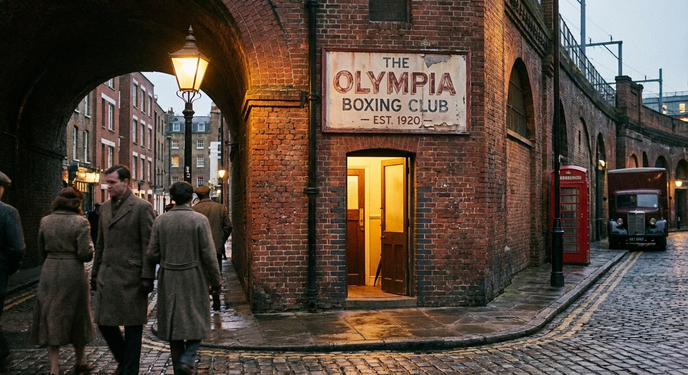 London boxing gym entrance with light spilling from inside