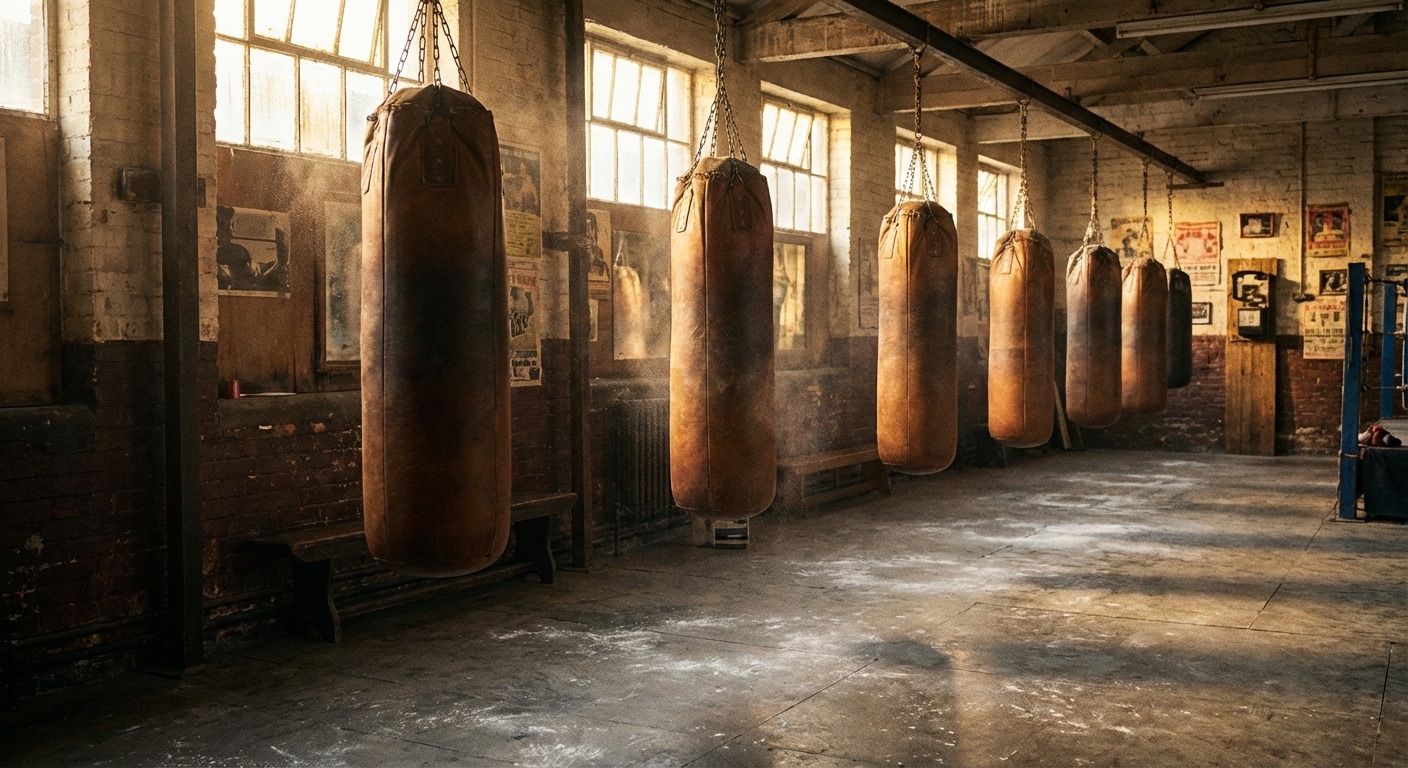 Row of heavy bags in a traditional boxing gym