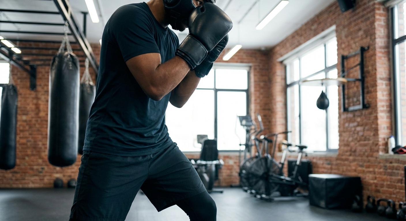 Boxer demonstrating proper orthodox stance in the gym