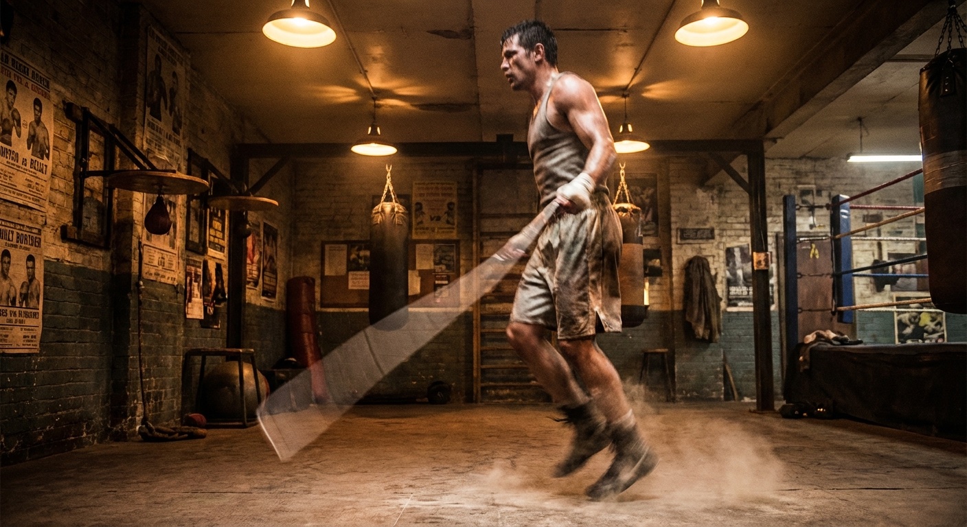 Boxer skipping rope in a dark gym