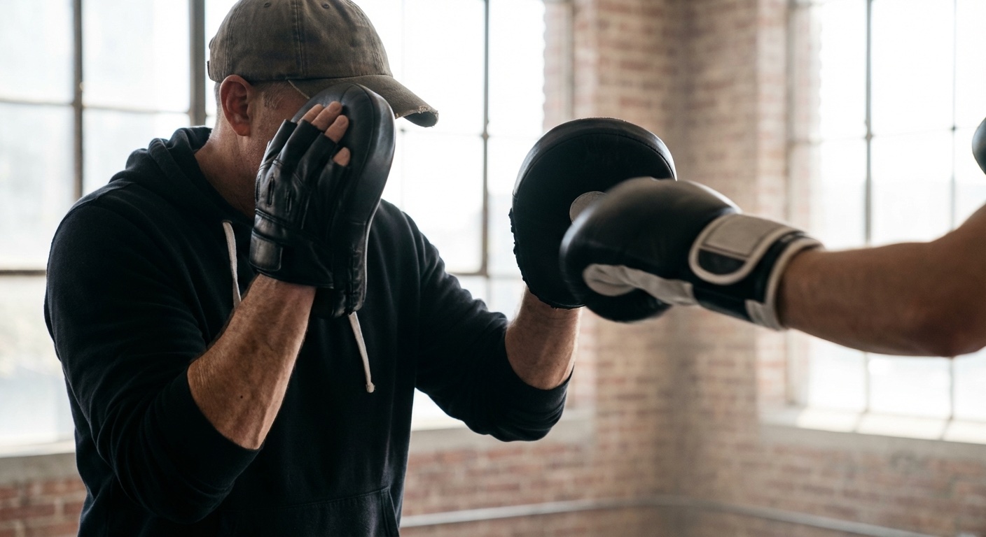 Boxing coach working one-on-one with young boxer on technique