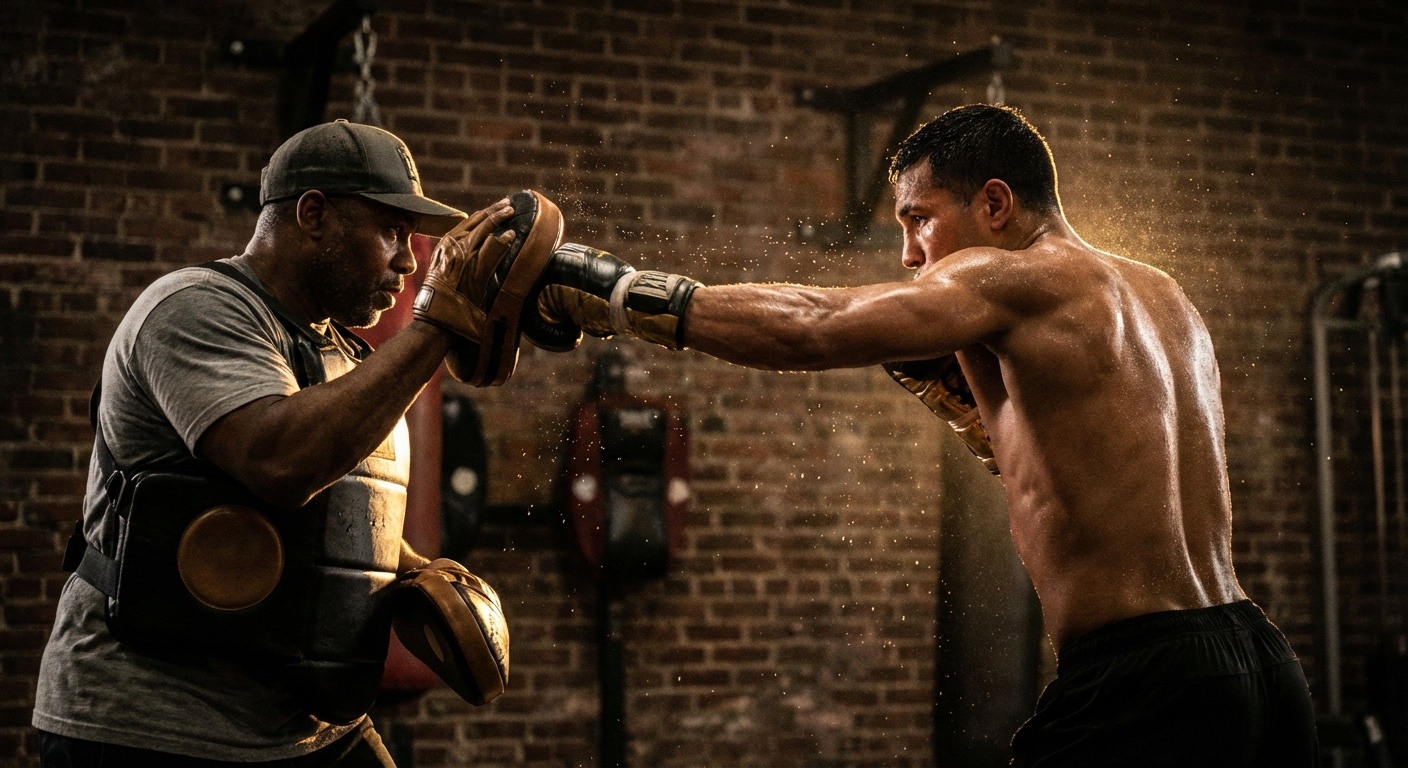 Boxer throwing a right cross on the pads with a trainer