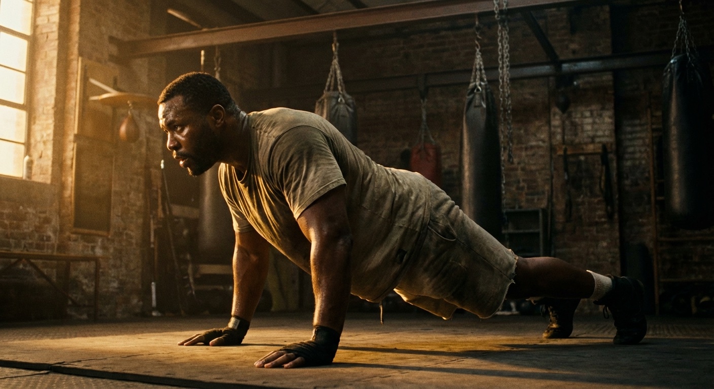Heavyweight boxer doing press-ups in a dark gym