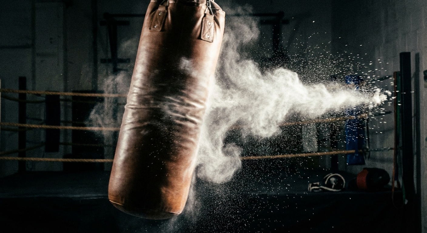 Heavy bag swinging after impact, dust caught in light