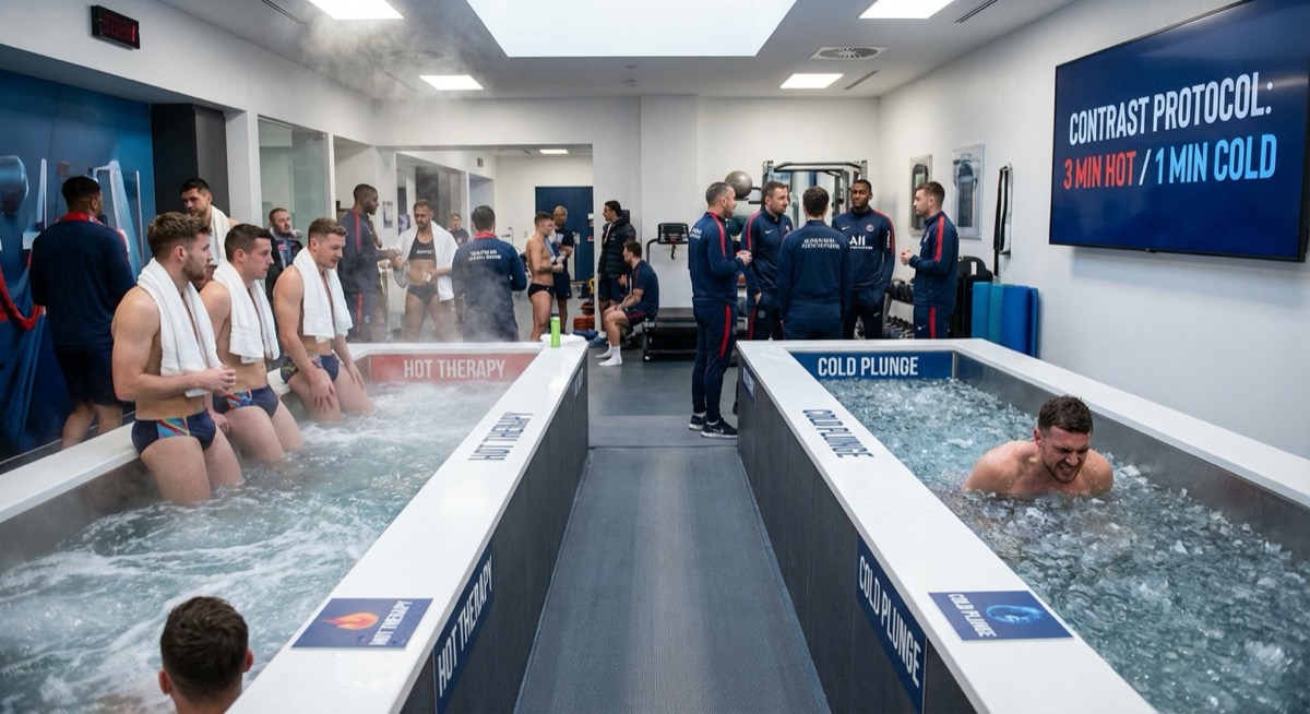 Athlete practicing cold water immersion therapy in a gym setting