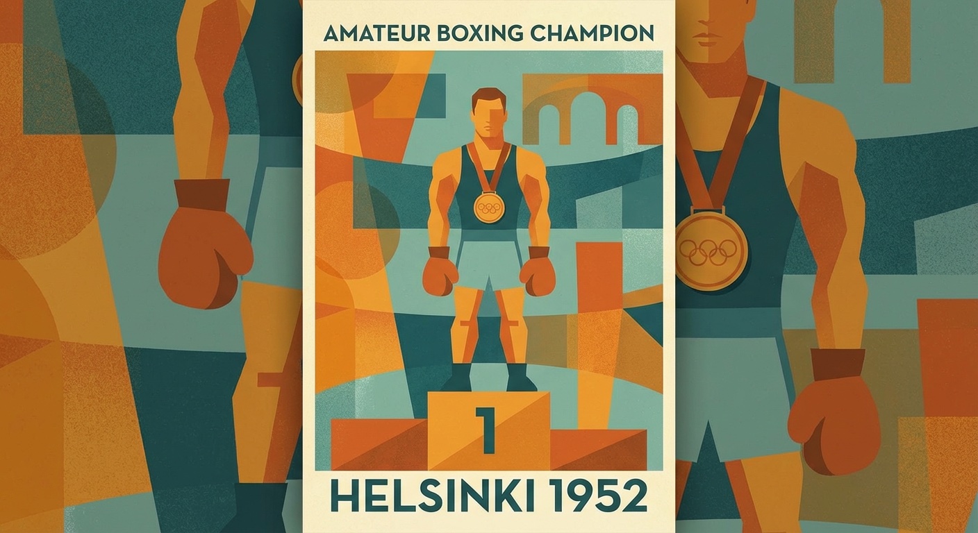 Amateur boxer with Olympic medal in mid-century modern illustration style