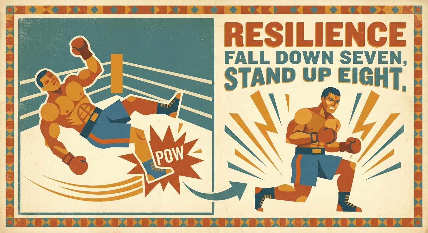 Boxer showing resilience getting back up in mid-century modern illustration style
