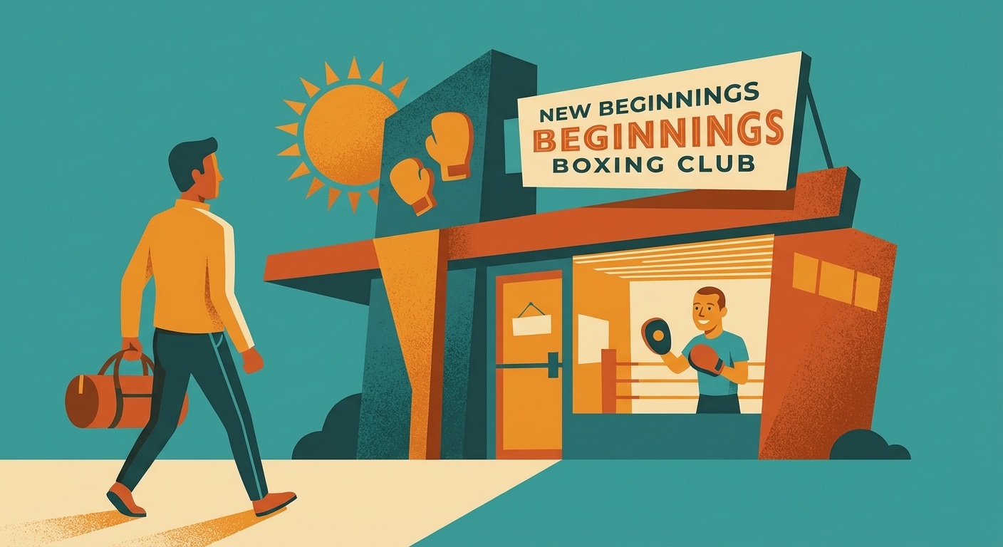 Person walking into boxing gym for first time in mid-century modern illustration style