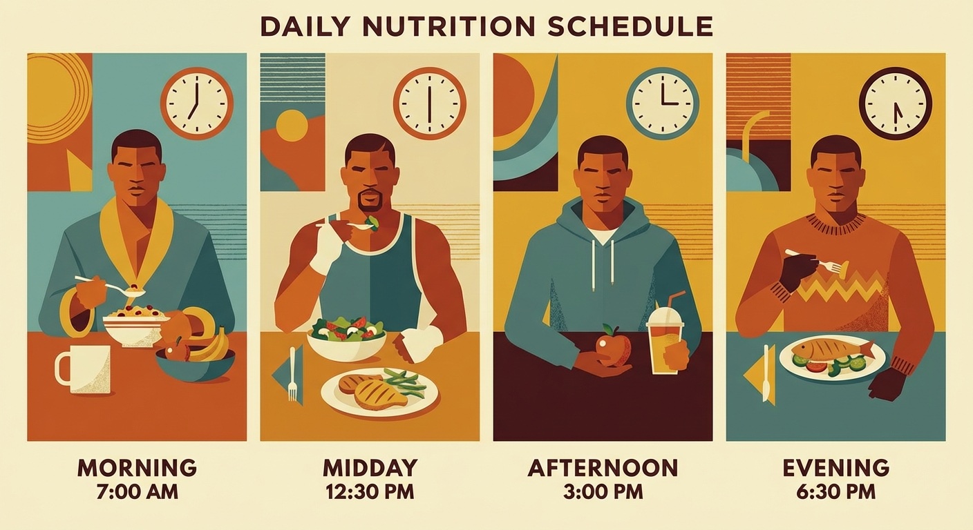 Boxer eating healthy meals throughout the day in mid-century modern illustration style