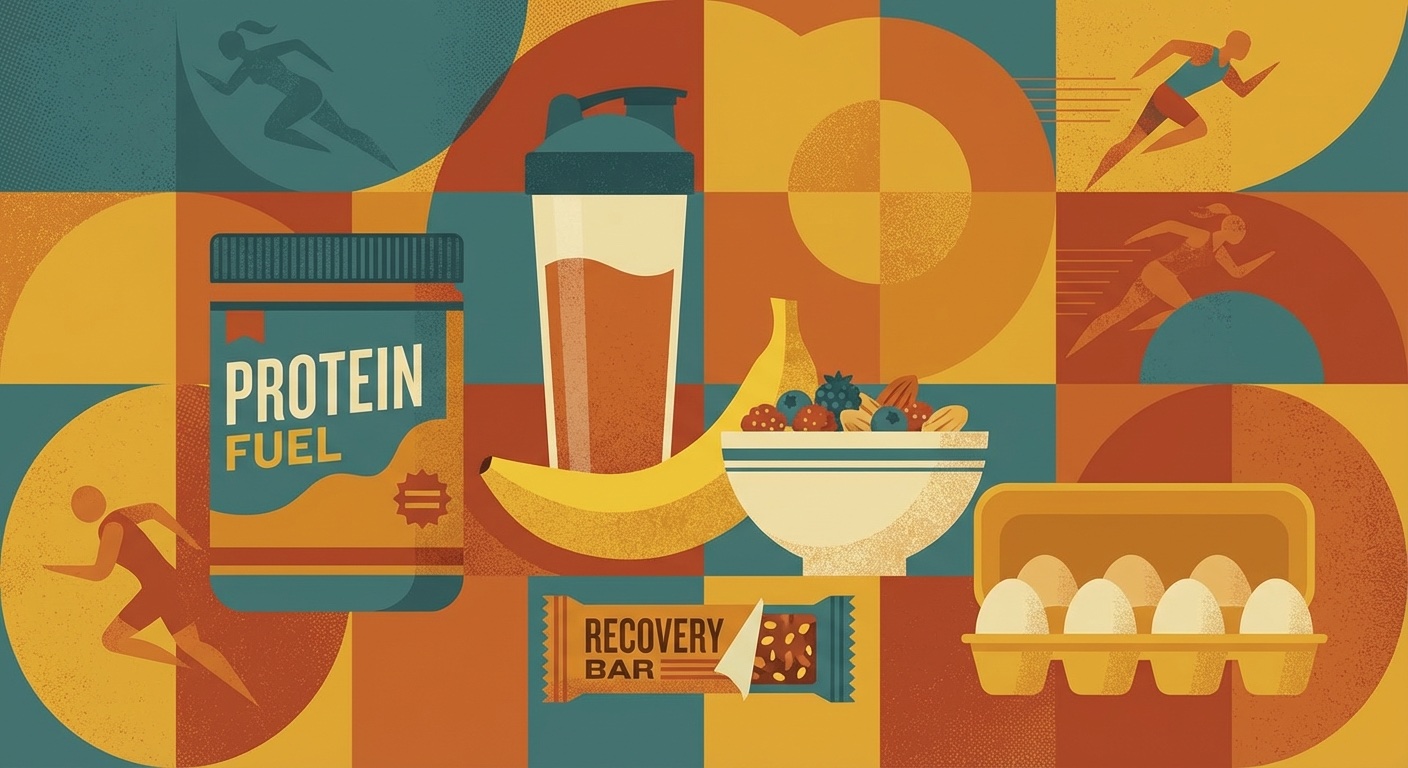Protein supplements and recovery foods for athletes in mid-century modern illustration style