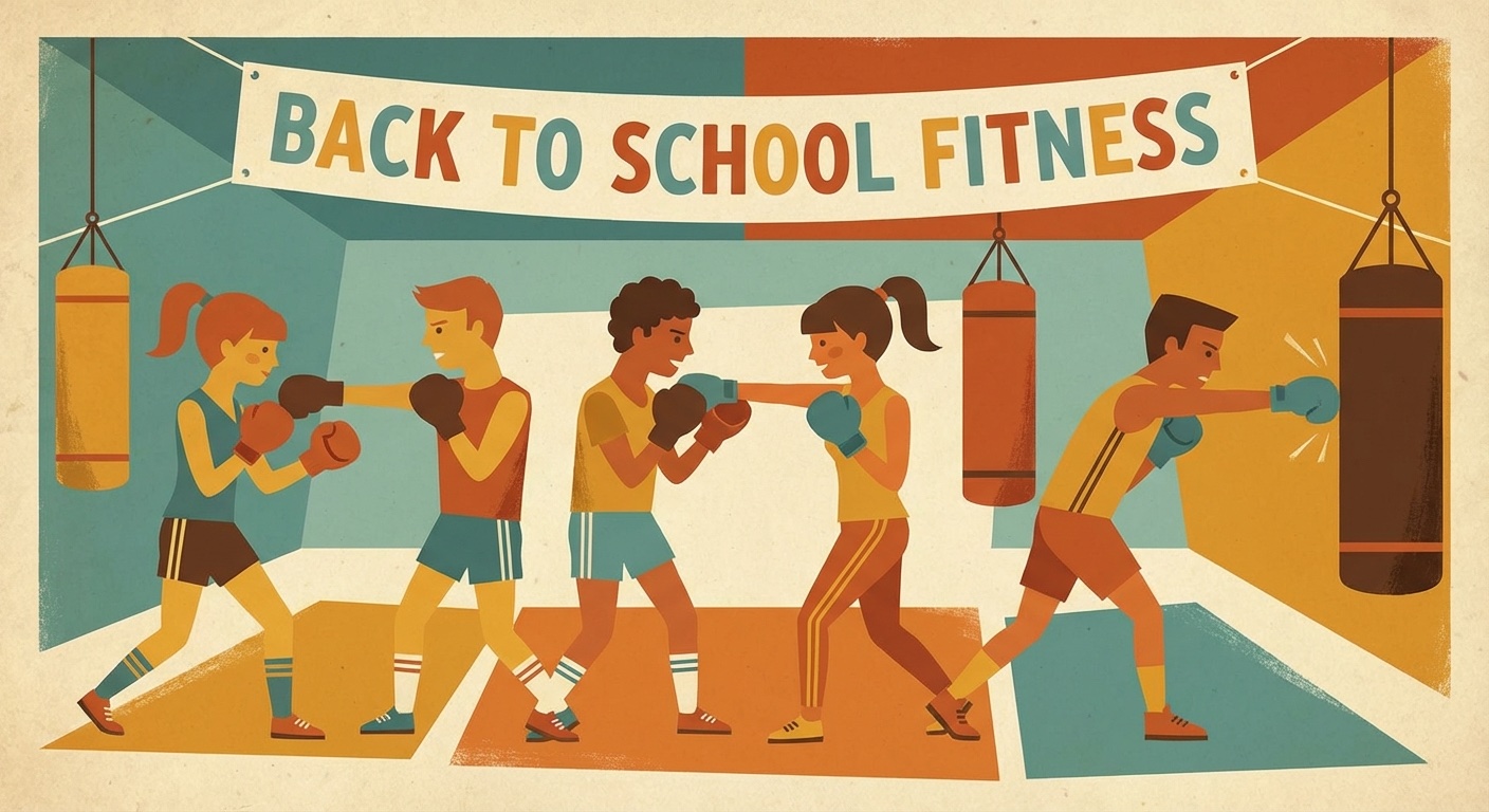Teenagers doing boxing training in a gym in mid-century modern illustration style