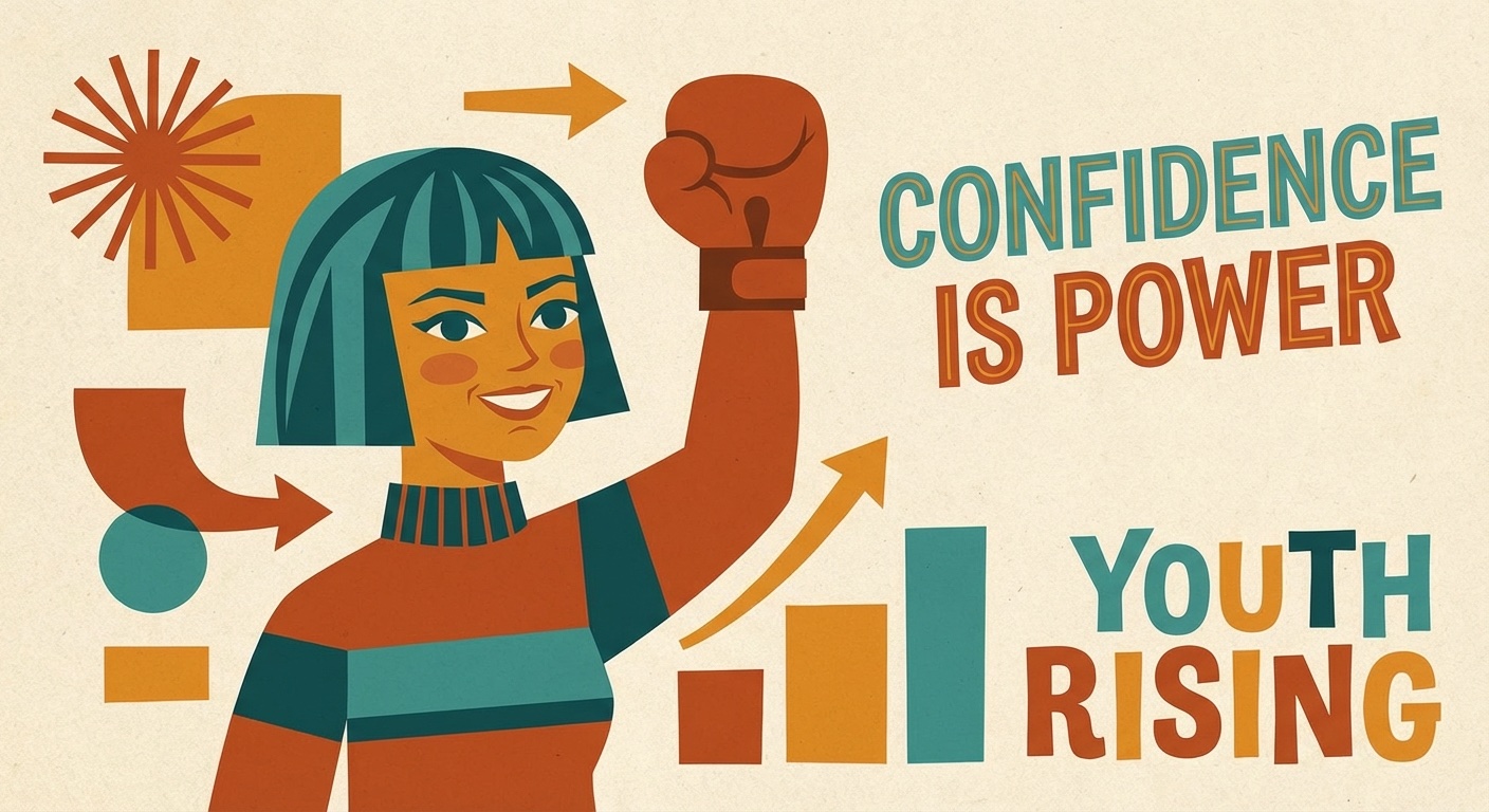 Confident teenager with boxing gloves in mid-century modern illustration style