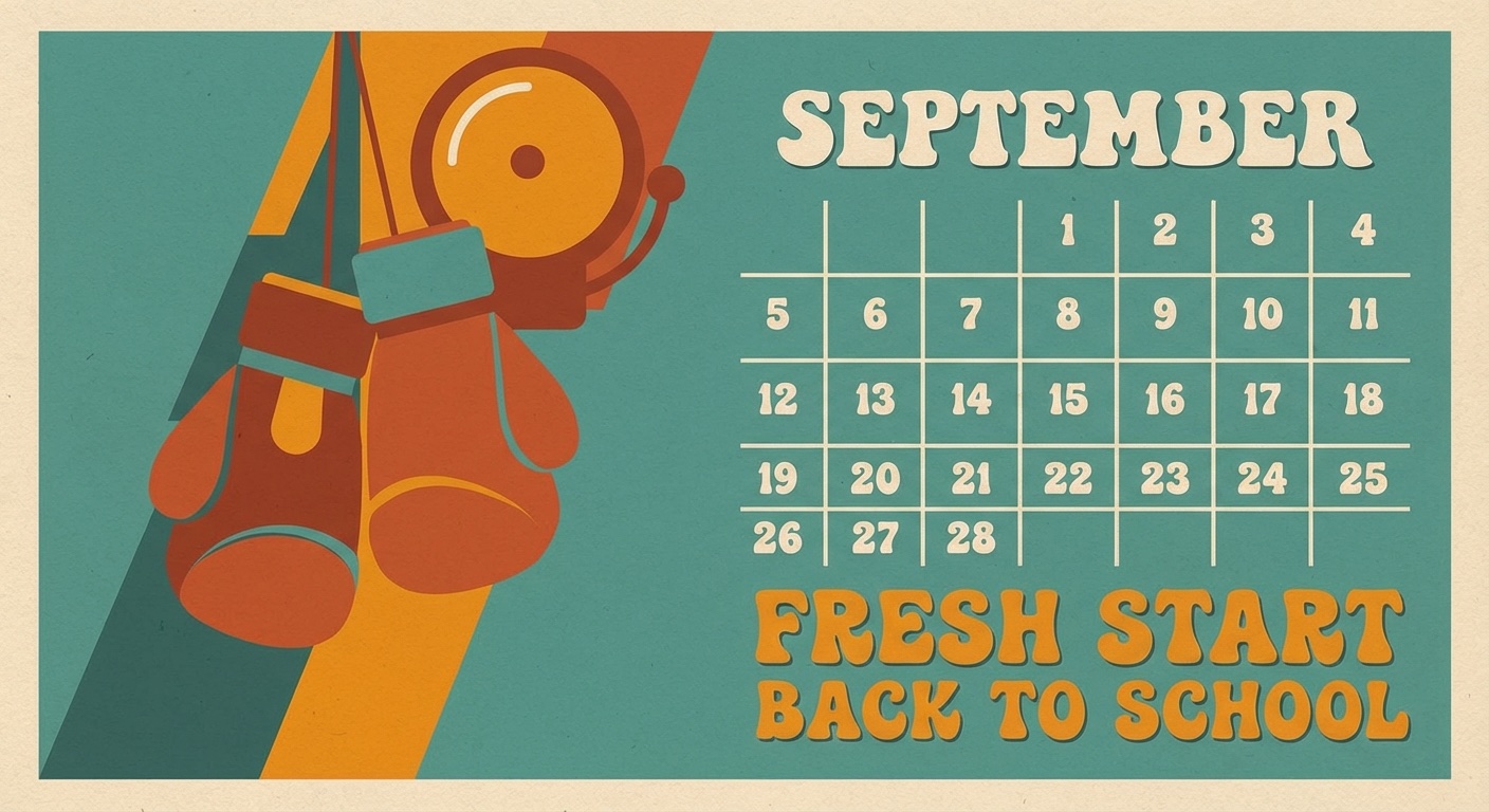 September calendar with boxing gloves in mid-century modern illustration style