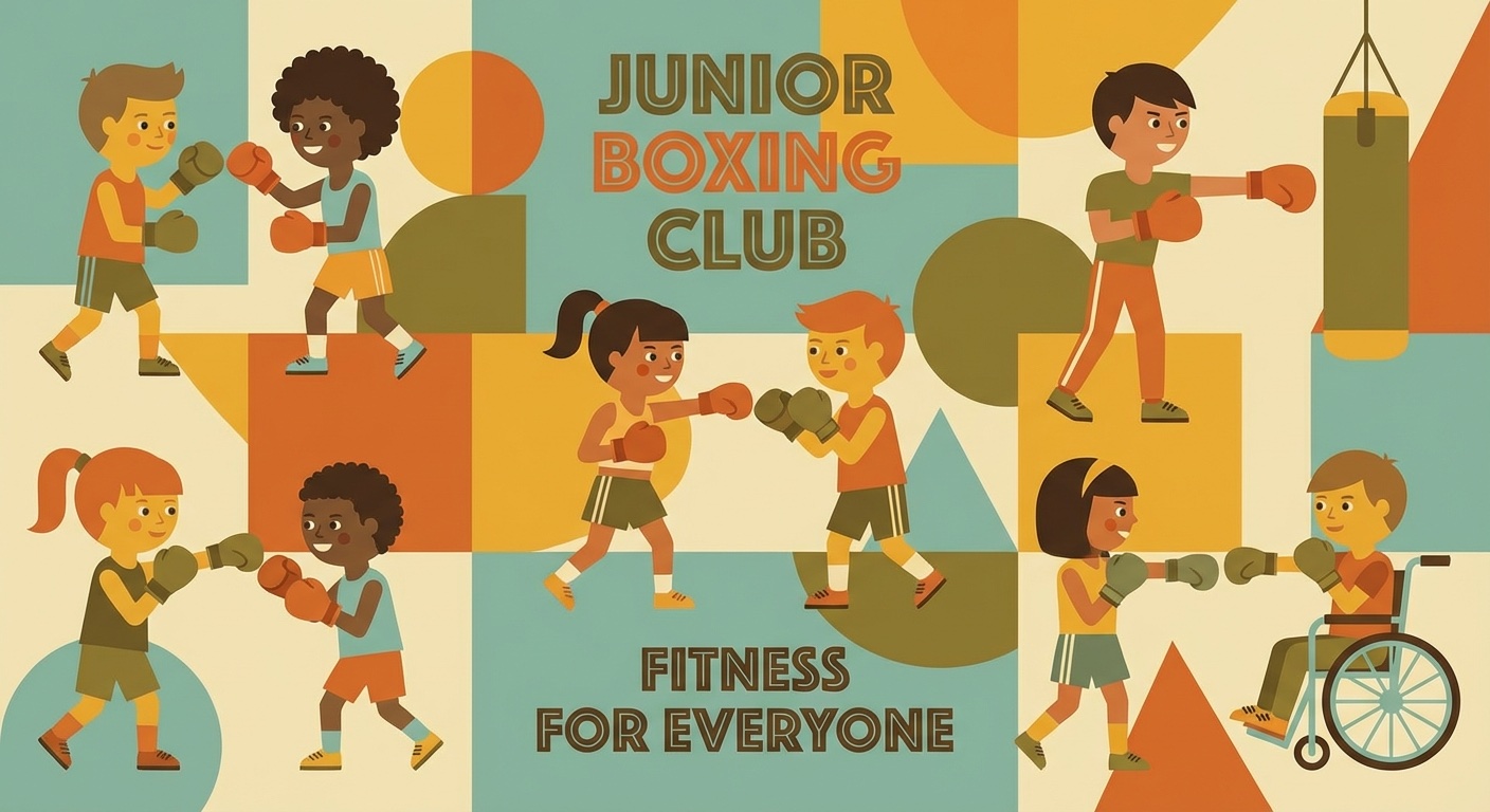 Different children enjoying boxing in mid-century modern illustration style