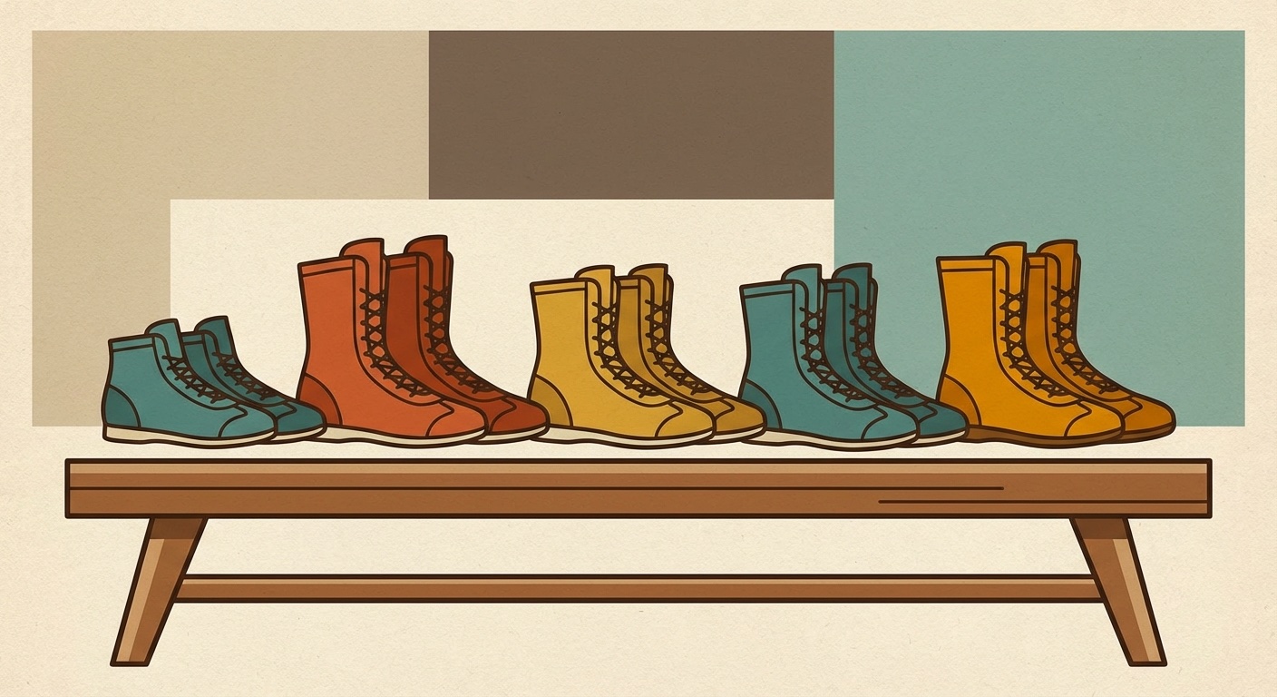 Various boxing boots in a row in mid-century modern illustration style