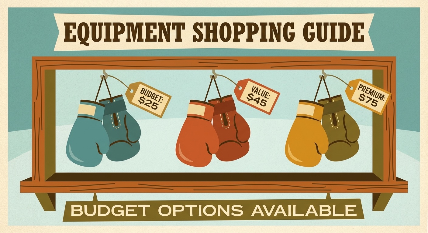 Boxing gloves on display with price tags in mid-century modern illustration style