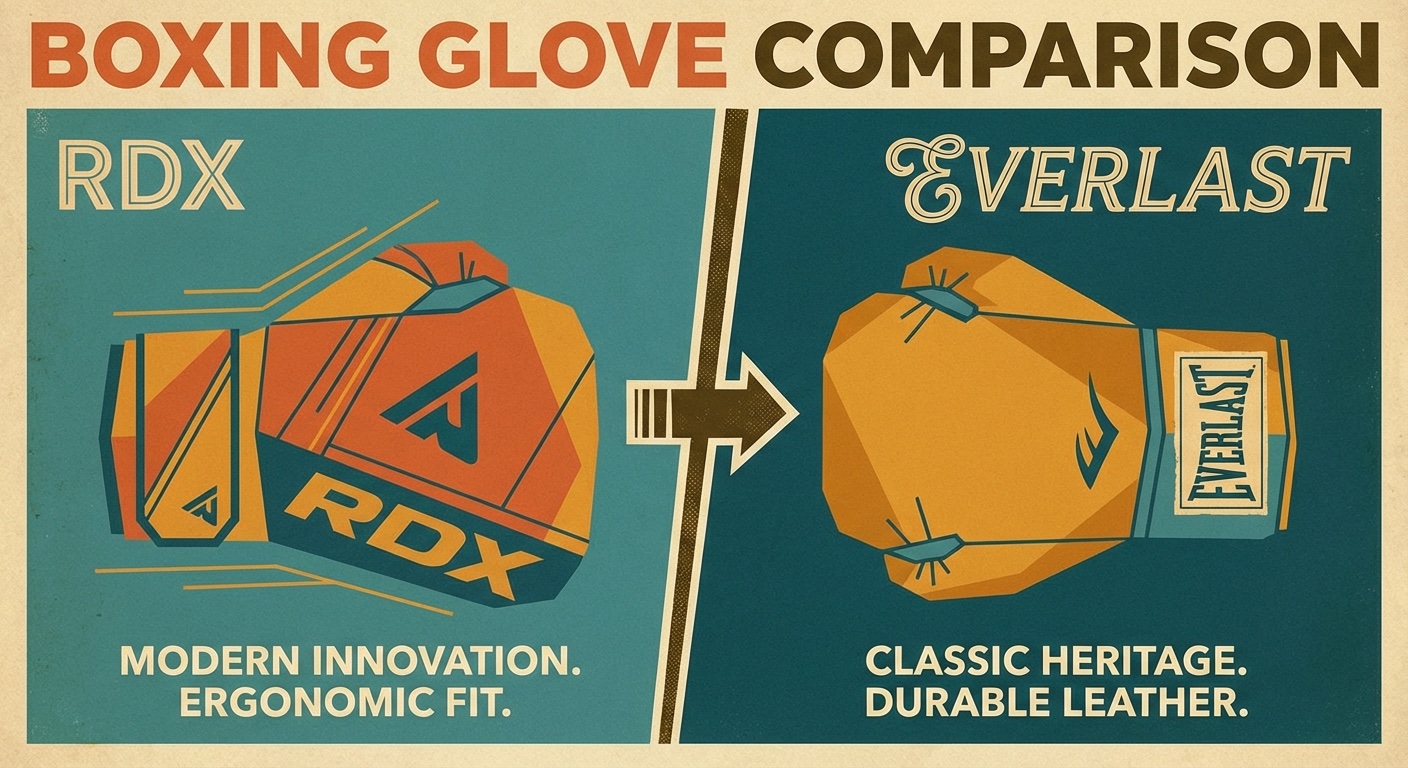 RDX vs Everlast boxing gloves comparison in mid-century modern illustration style