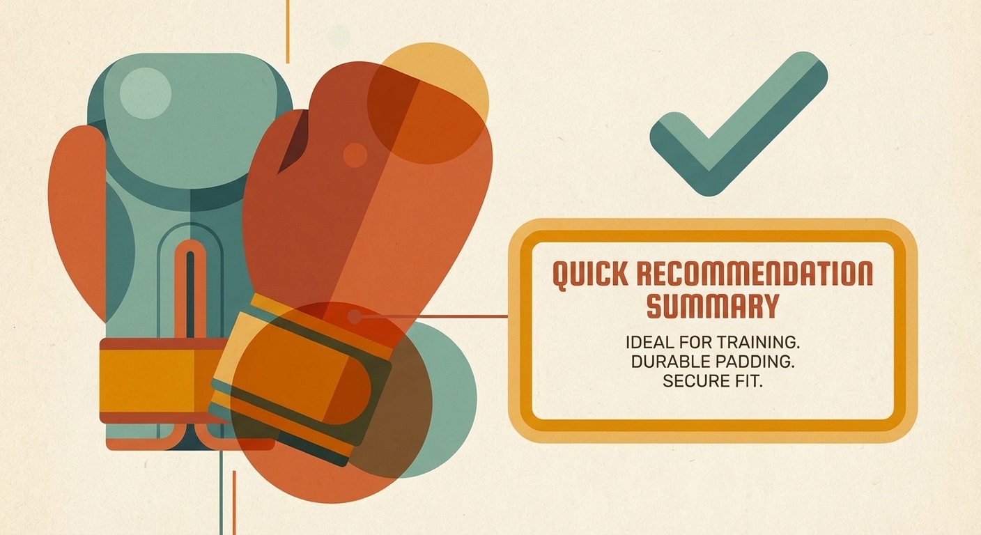 Recommended boxing gloves with checkmark in mid-century modern illustration style