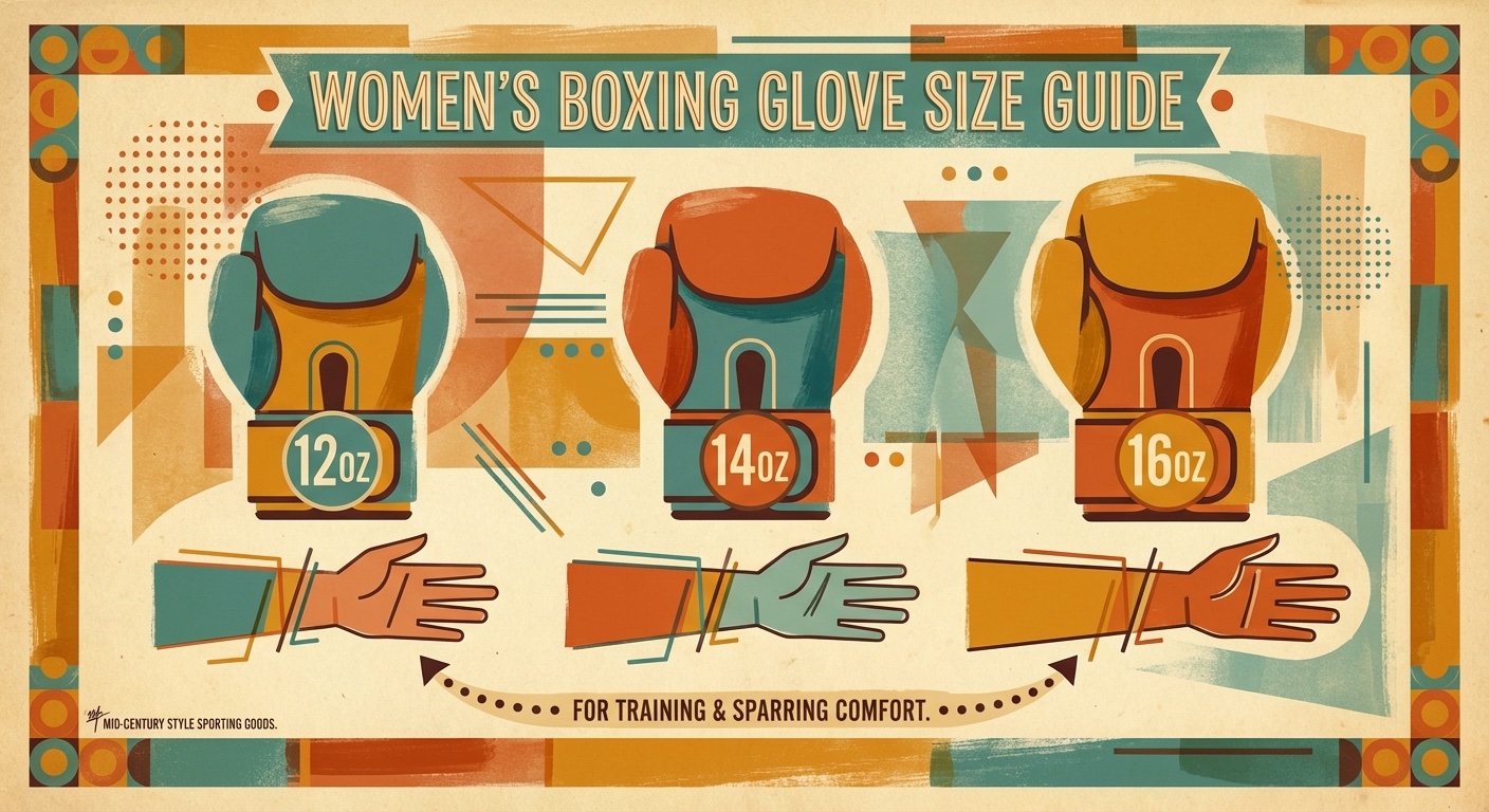 Boxing glove weight sizes 12oz 14oz 16oz in mid-century modern illustration style