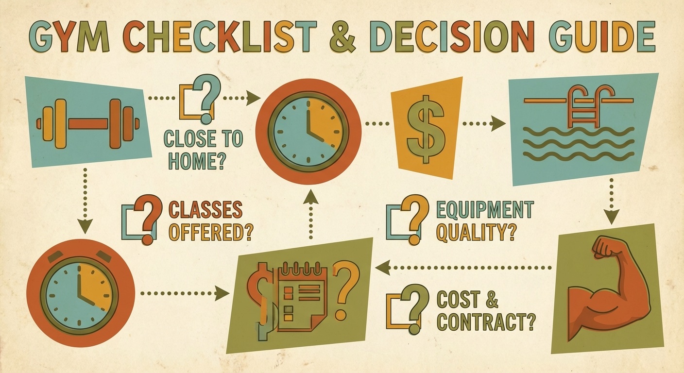 Questions checklist for choosing a gym in mid-century modern illustration style