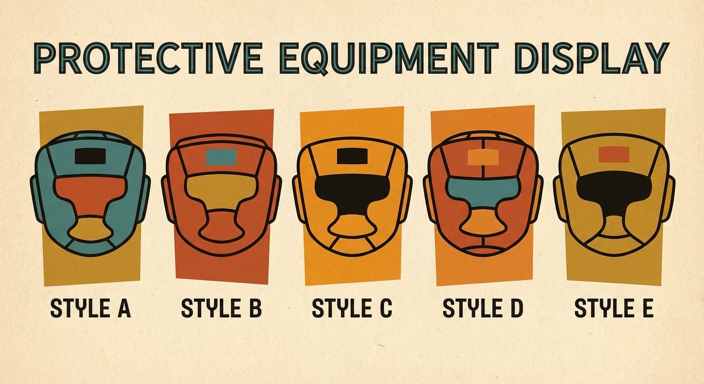 Various boxing headguard styles in mid-century modern illustration style