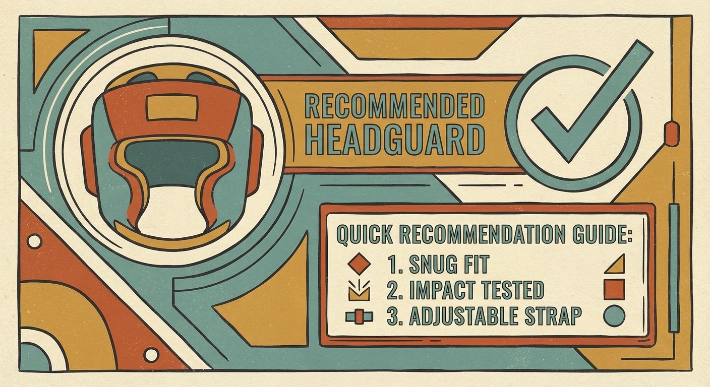 Recommended headguard with checkmark in mid-century modern illustration style