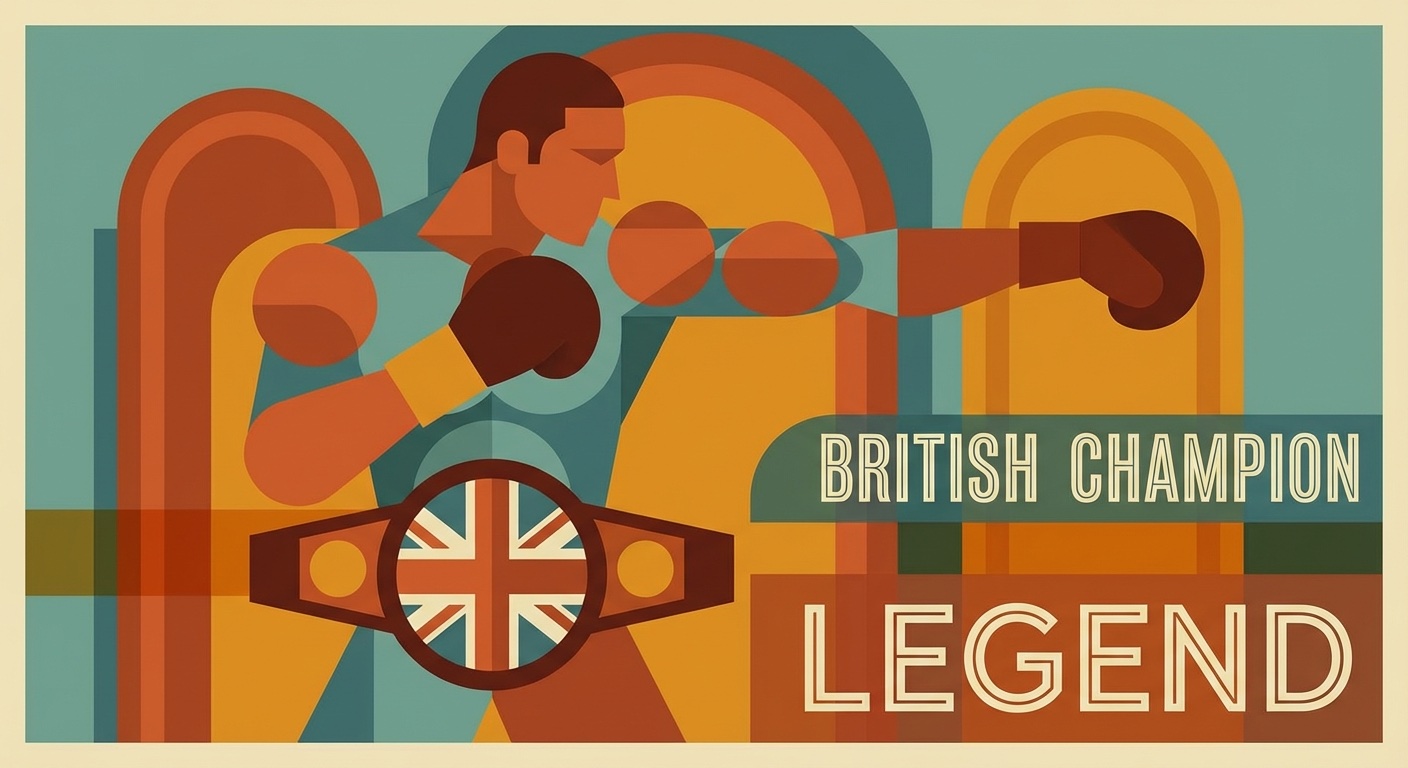 British boxing champion with belt in mid-century modern illustration style