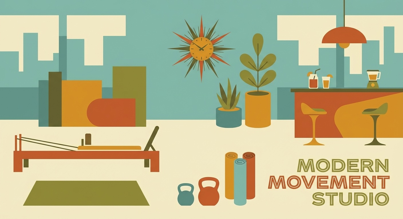 Boutique fitness studio in mid-century modern illustration style