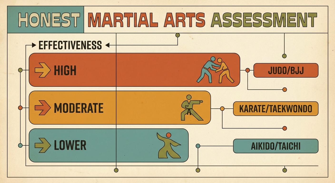 Martial arts assessment chart in mid-century modern illustration style