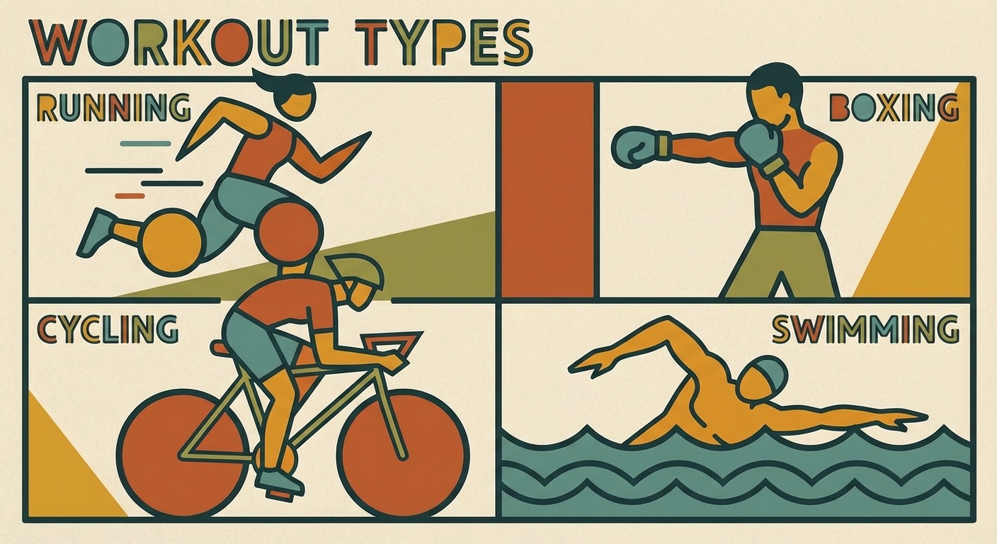 Different workout types for weight loss in mid-century modern illustration style