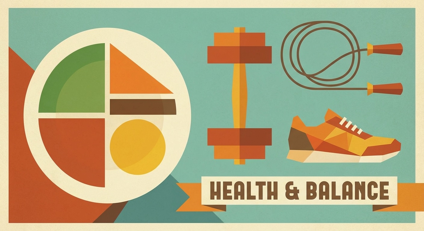 Balanced diet plate with exercise equipment in mid-century modern illustration style