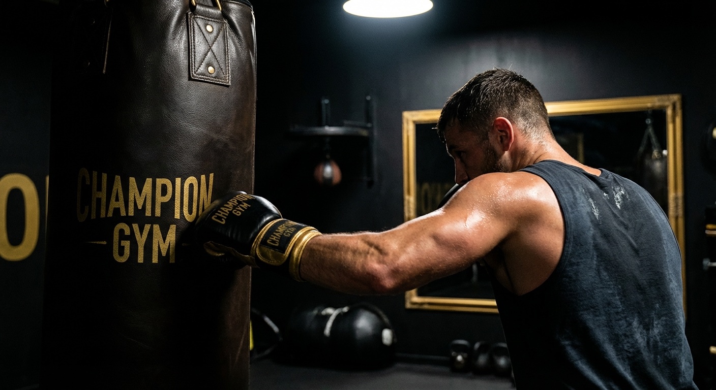 A boxer throwing a powerful left hook to the body during training on a heavy bag