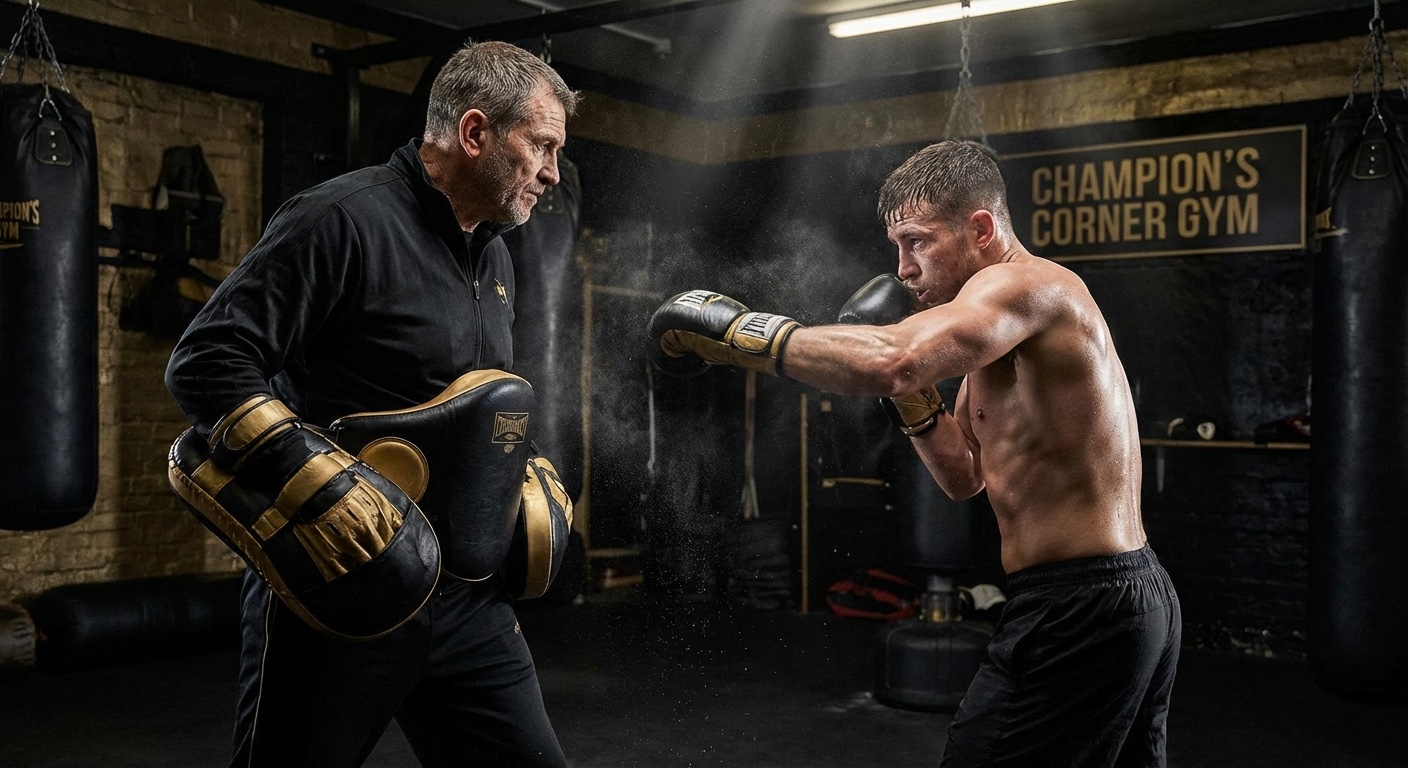 A coach holding body pads while a boxer practises body shot combinations in a gym