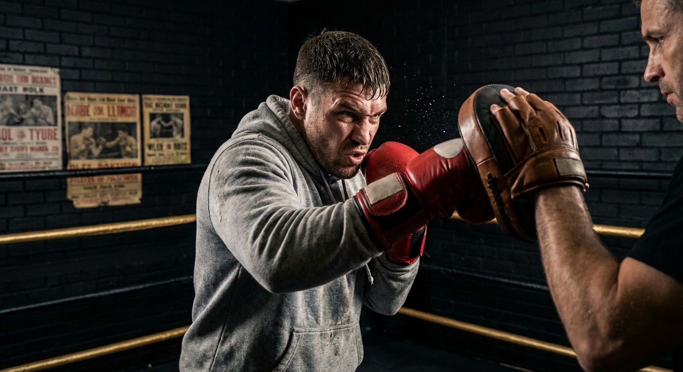 A boxer focused intently during pad work in a dark gym with dramatic gold lighting