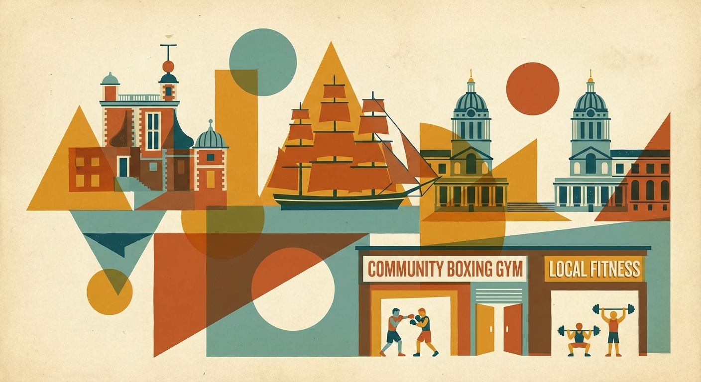 Greenwich London with boxing gym in mid-century modern illustration style