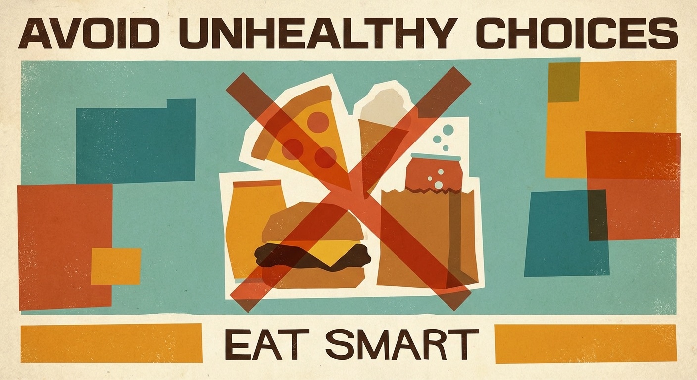 Unhealthy junk food with red X mark in mid-century modern illustration style