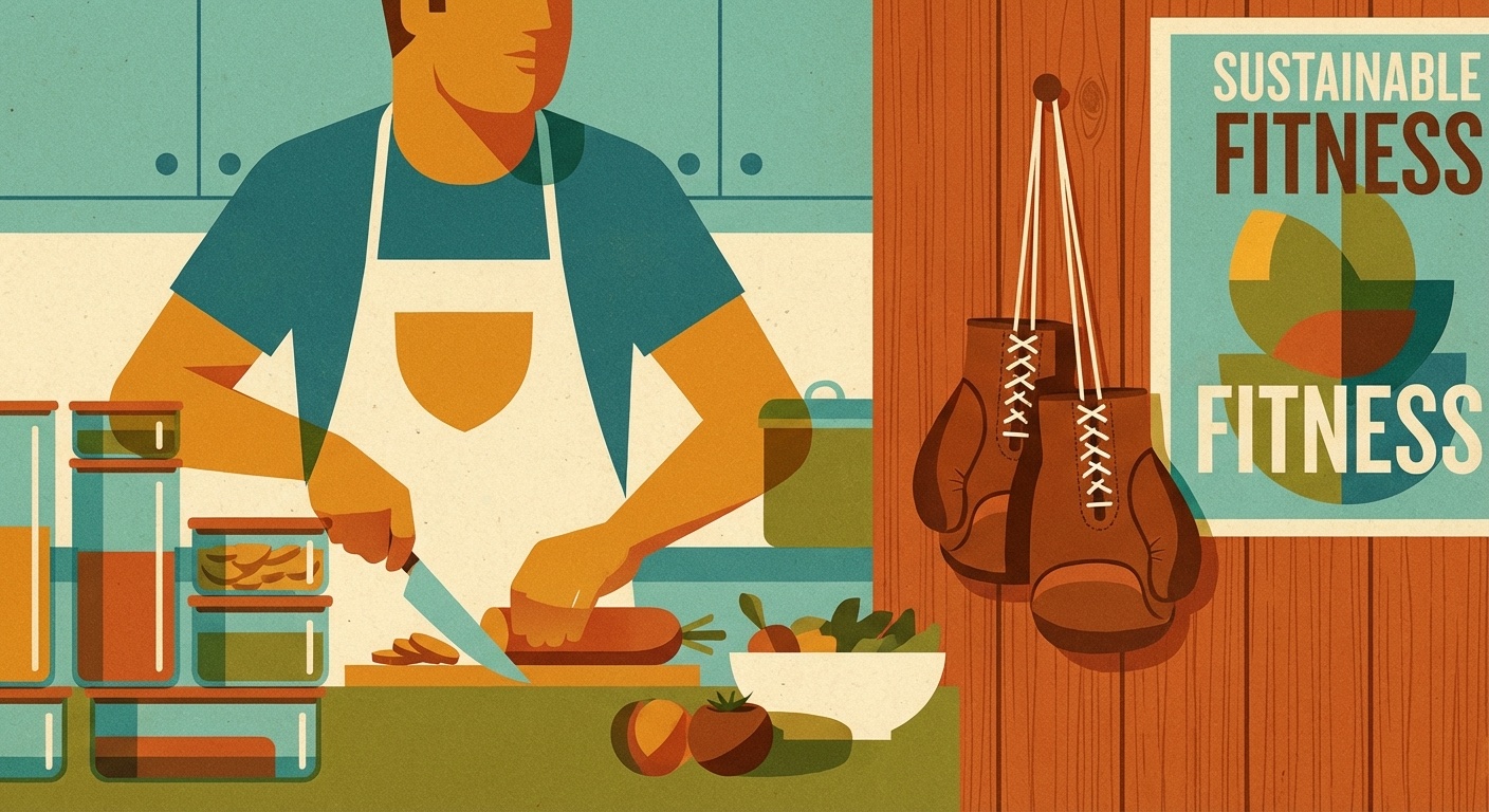 Person meal prepping with boxing gloves nearby in mid-century modern illustration style