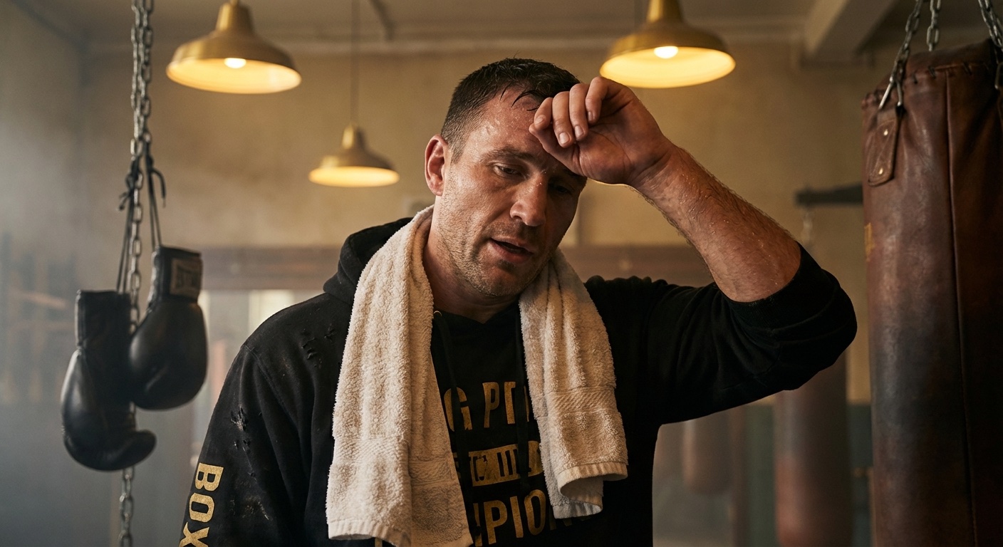 A boxer resting after a heavy bag session in a dimly lit gym