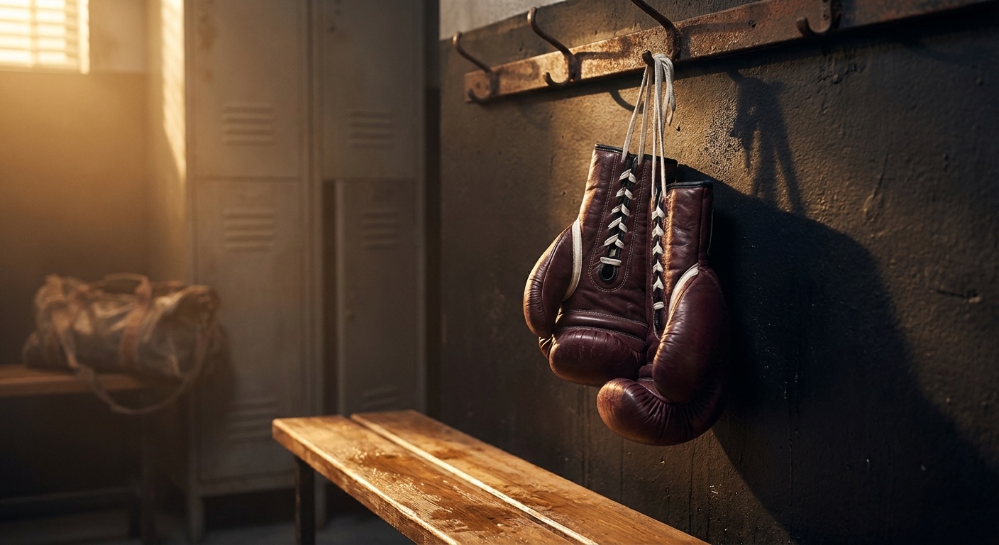 Boxing gloves hanging in a dark gym with golden light filtering through