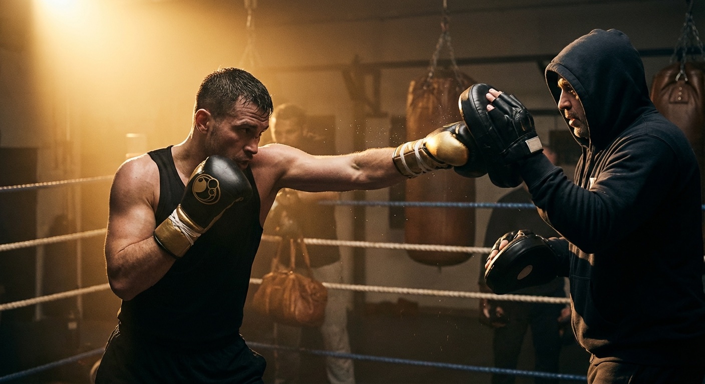 A focused boxer training on pads with a coach in a boxing gym