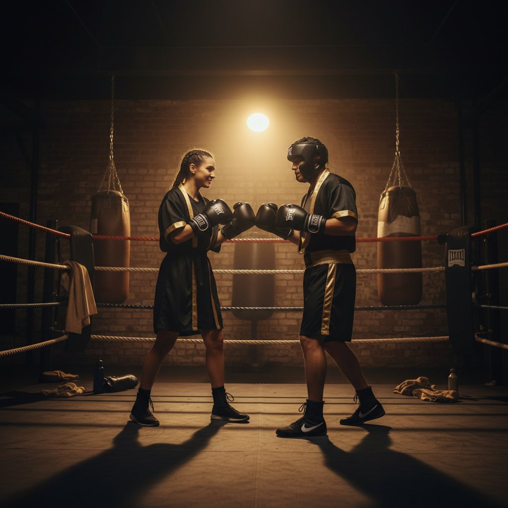 Two boxers in a gym touching gloves before a light sparring round