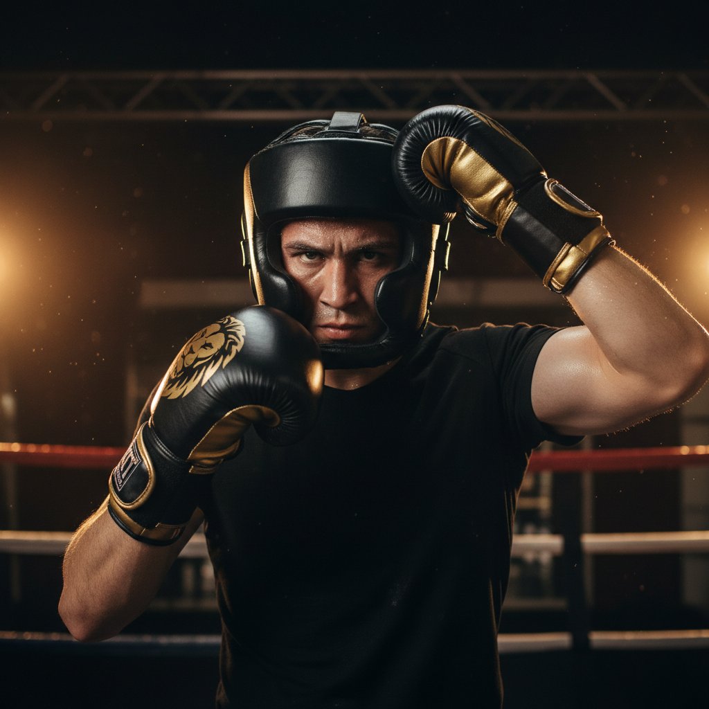 Boxing sparring gear laid out - gloves, headguard, gumshield