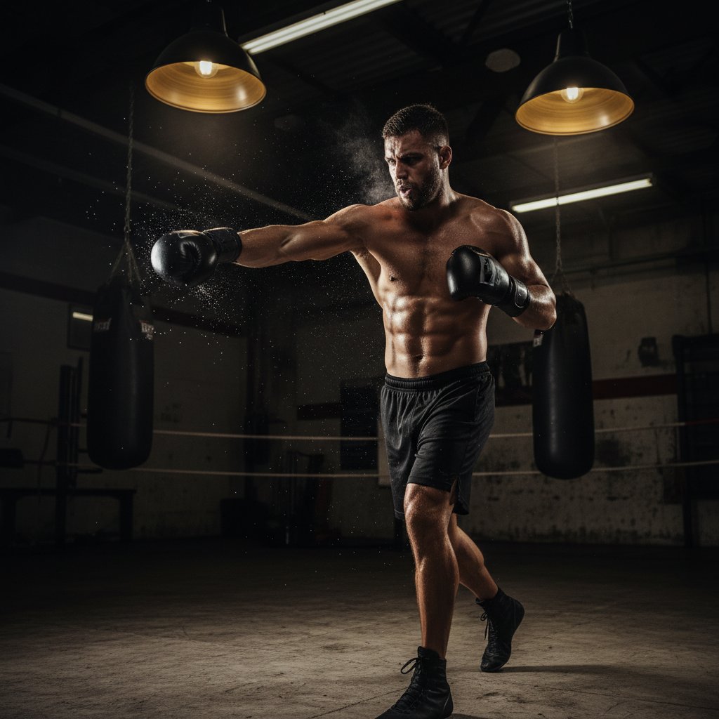 Boxer throwing a relaxed jab with loose shoulders in a dark boxing gym