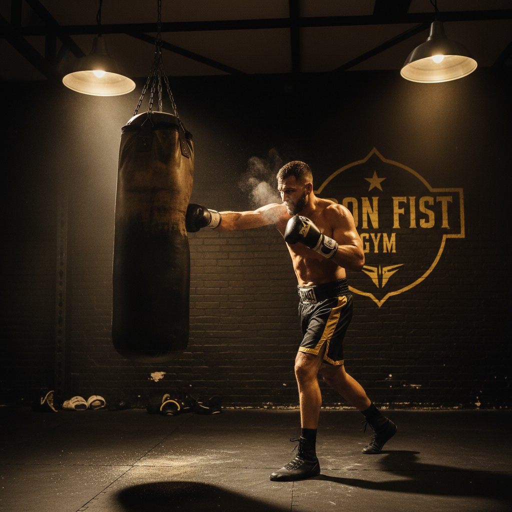 Boxer working the heavy bag with sharp exhale in a dark gym