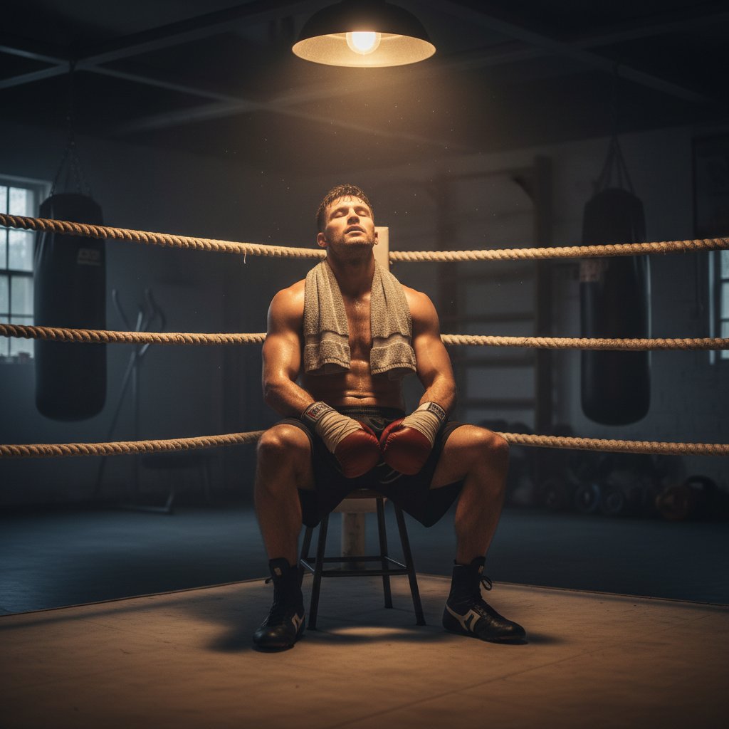 Boxer resting in the corner between rounds, breathing deeply