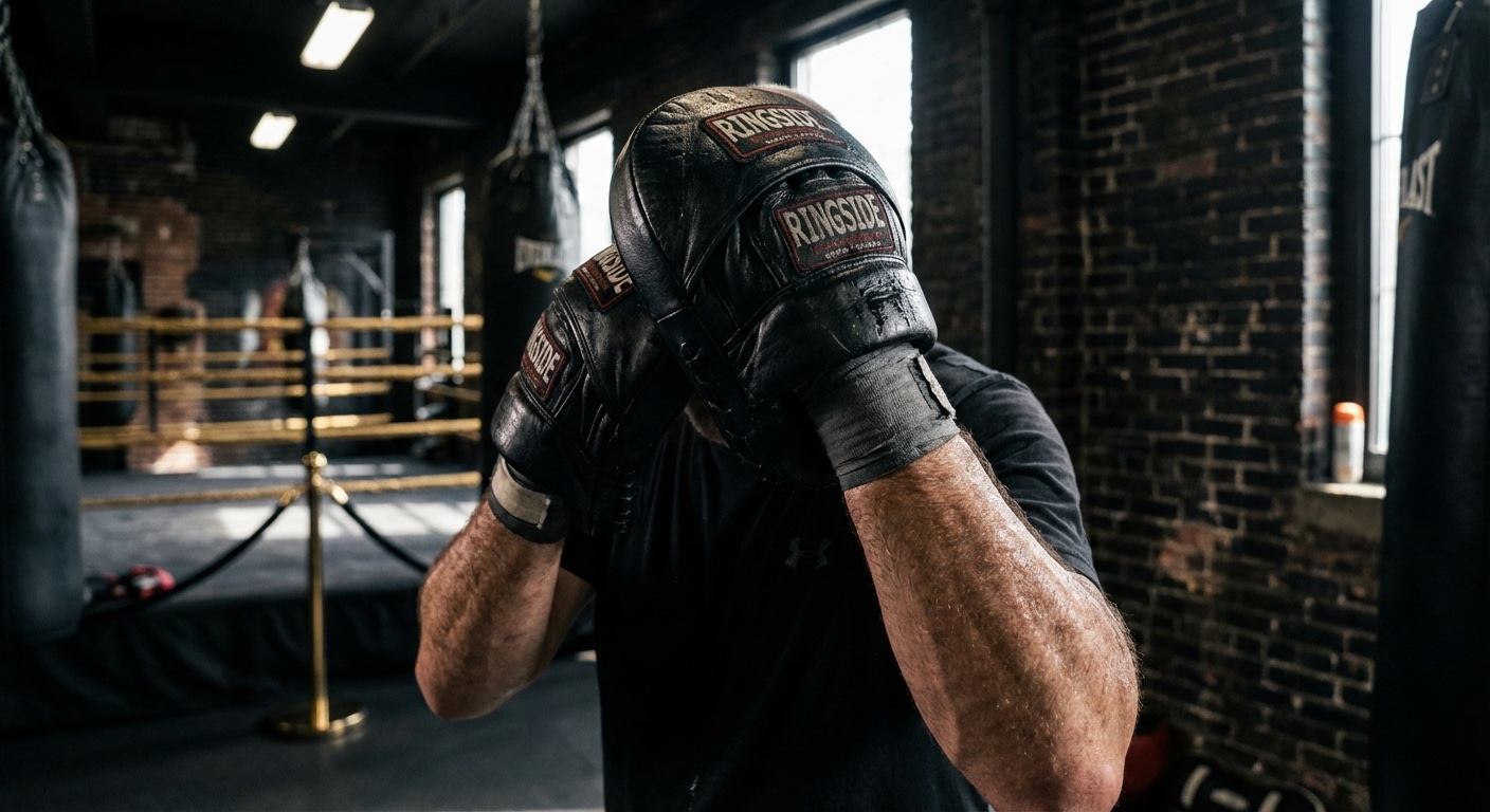 A boxing coach holding focus mitts at the correct height in a dark gym with gold accents