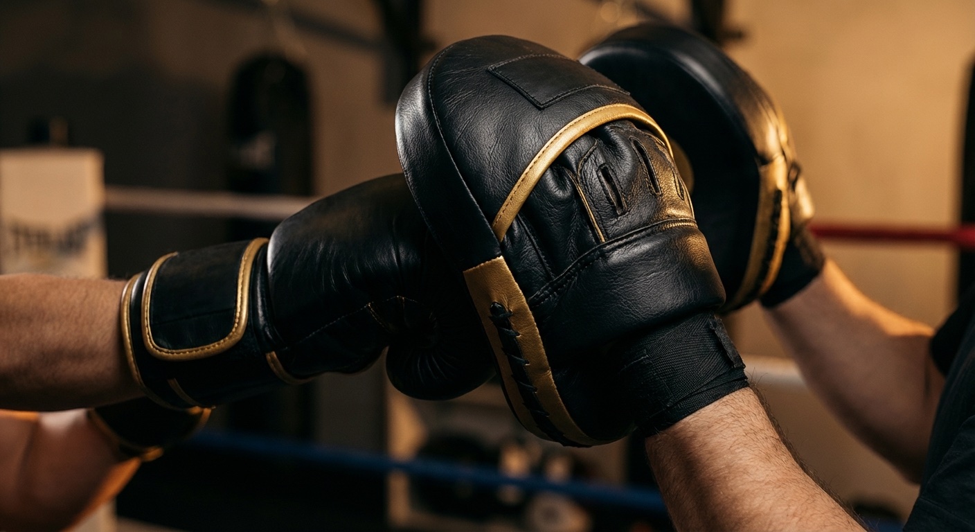 Close-up of hands properly gripping focus mitts with correct wrist alignment in a black and gold boxing gym