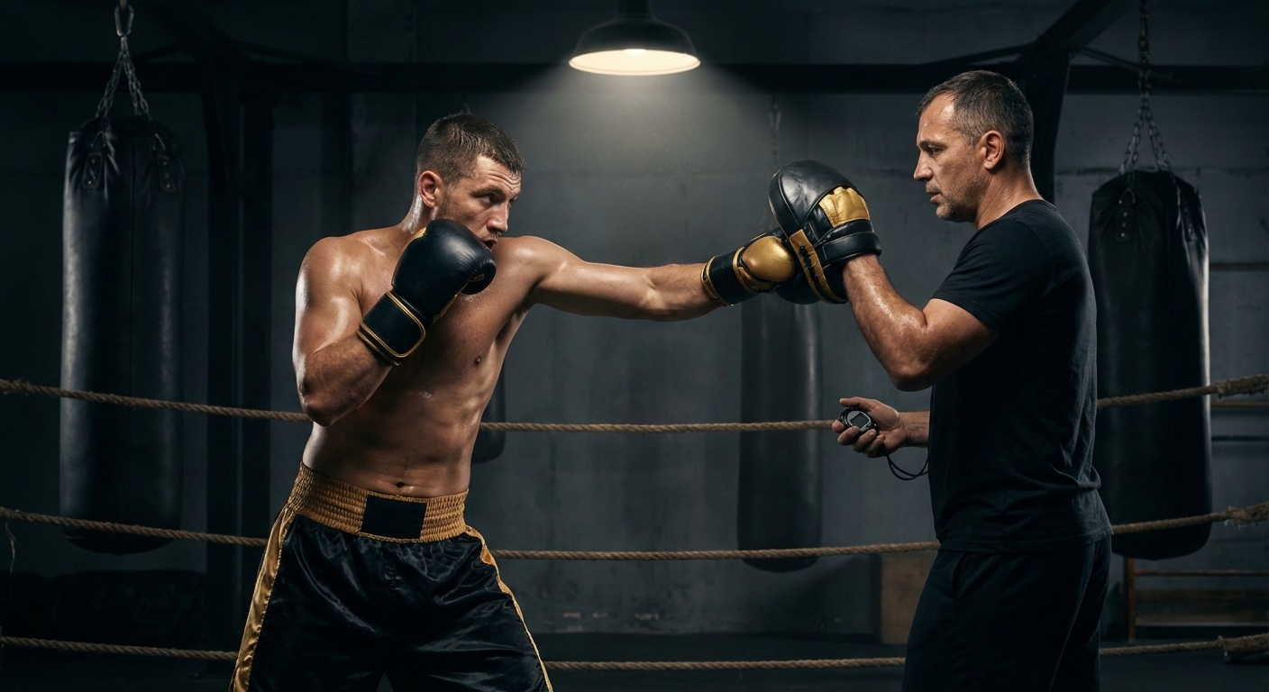 A boxer practising timing drills with a coach holding pads