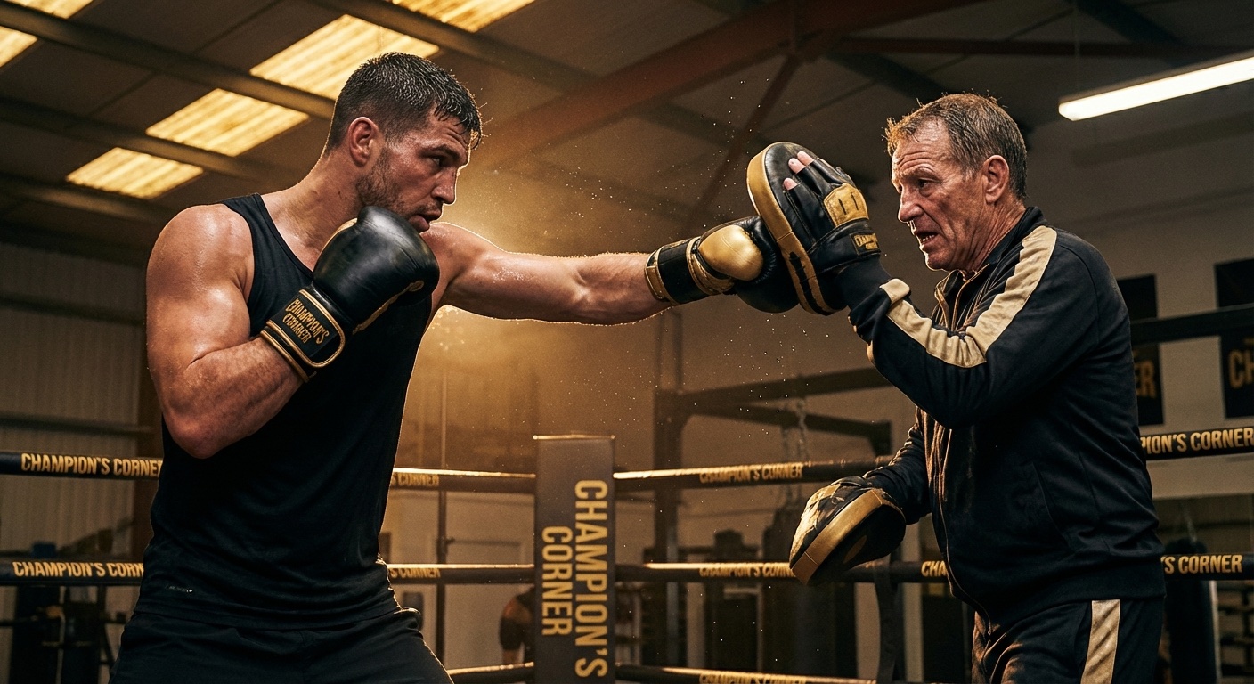 A southpaw boxer working with a coach on pad drills