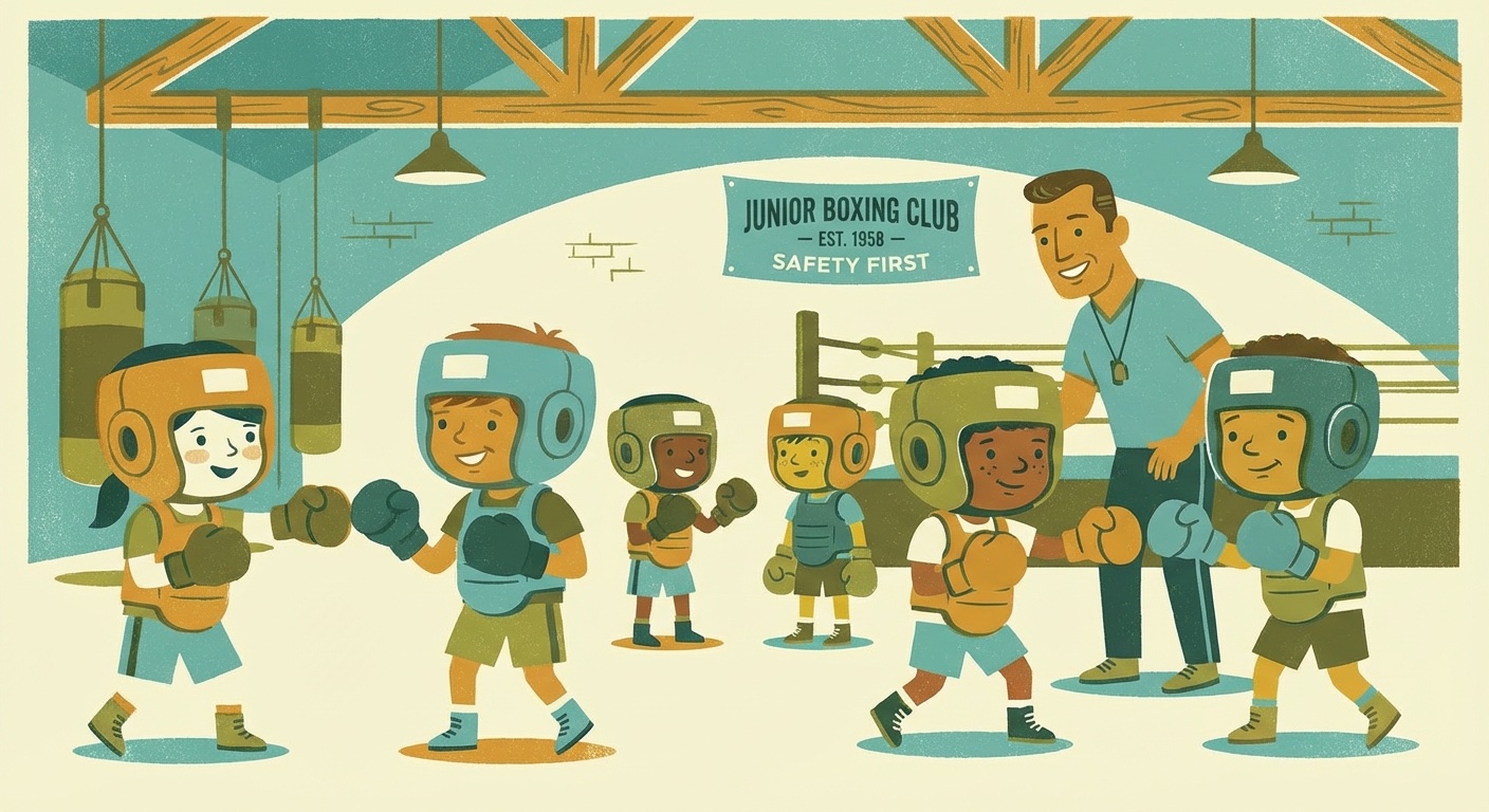 Children in boxing class with protective gear